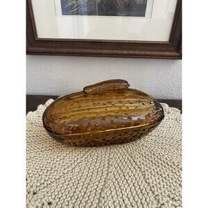 Antique 1890s Bryce Higbee & Company Amber Glass Cucumber Pickle Dish With Lid